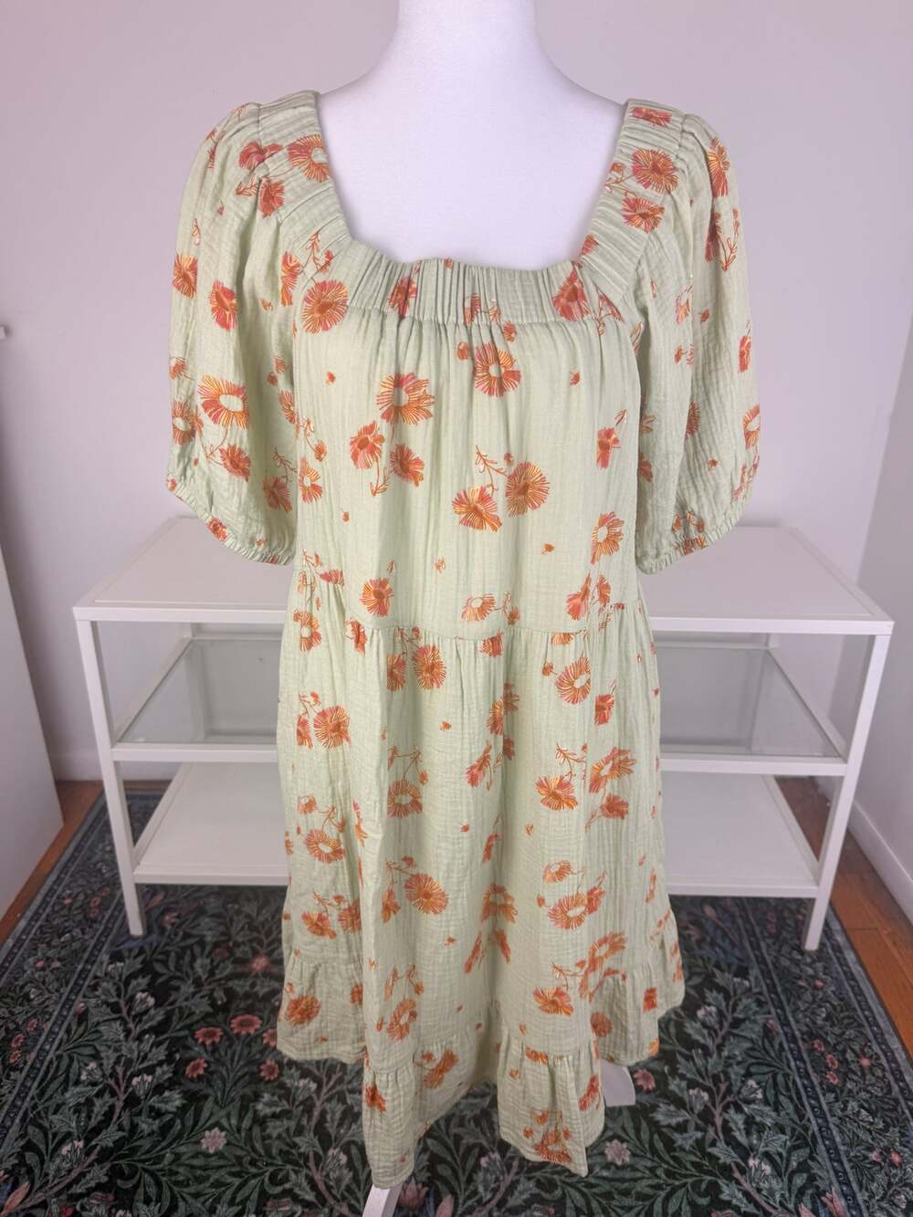 Wonderly Womens Orange Floral Puff Sleeve Tiered Sage Green Midi Dress Small